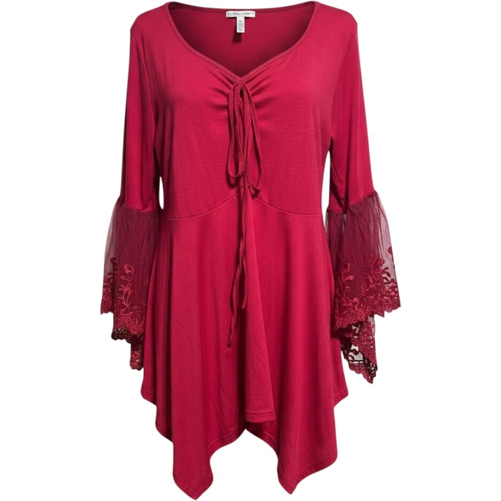Yuki Red Lace Embroidered Bell Sleeve Handkerchief Hem Tunic Top 3XL Boho